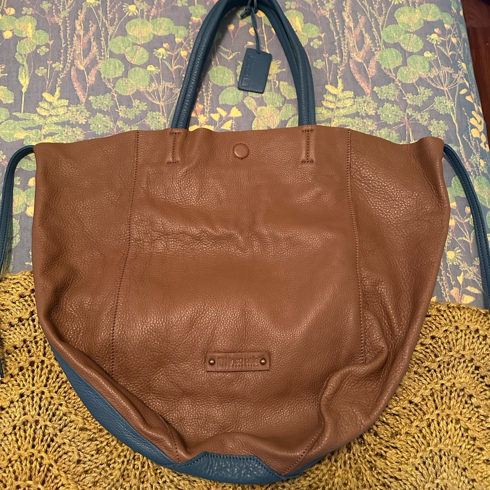 Linea Pelle Soft Like New Leather Large  2-Tone Tote Brown and Teal